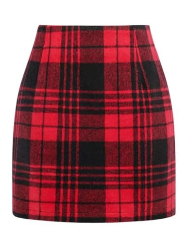 Mywinway Plaid High Waist A-Line Skirt for Women — Deepred
