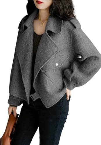 UTCOCO Women Cropped Wool Pea Coat with Notched Lapel and Pockets — Dark Grey