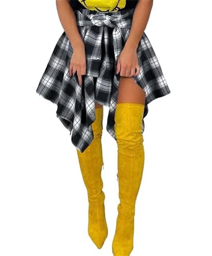 Atyfuniby Women's High Waisted Plaid Mini Skater Skirt with Knot Front