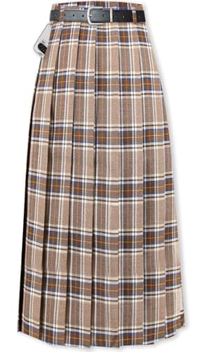 Sangtree Girls A-Line Pleated High Waist Fashion Skirt — Long # Brown Plaid Pocket