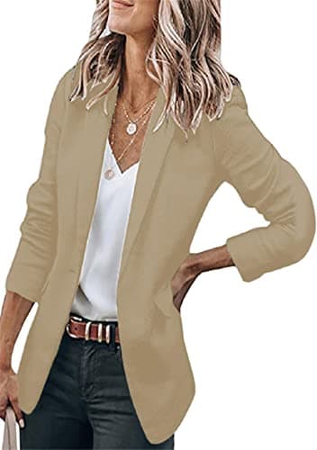 WIWIQS Women's Comfortable Long-Sleeve Open Front Blazer Suit — Khaki