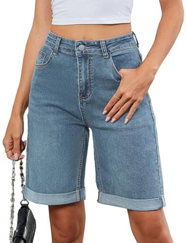 TOSATISFINE Women's High-Waisted Stretch Jean Shorts — Vintage Blue-fold Hem