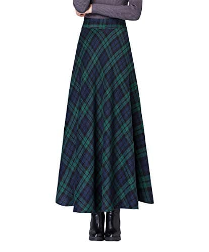 Artykey Women's High Waist Warm Plaid Wool Maxi Skirt S-3XL — E Green