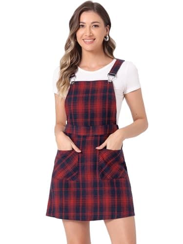 Women's Plaid Overall Dress with Adjustable Straps — Blue-red