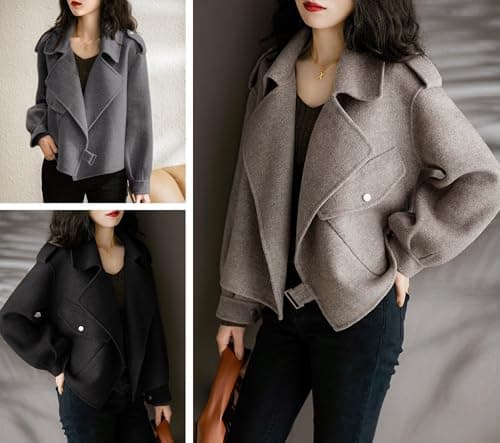 UTCOCO Women Cropped Wool Pea Coat with Notched Lapel and Pockets