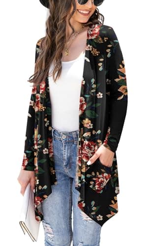 Veryoung Women's Lightweight Floral Long Sleeve Cardigan with Pockets — B02-brown_floral_black