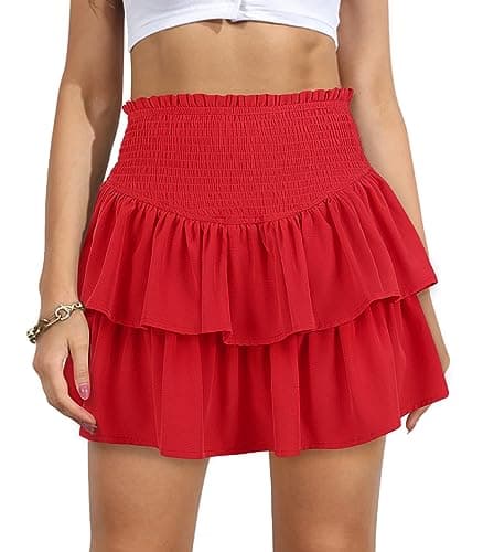 Vigorics Women's High Waist Tiered Mini Skirt with Shorts — Red