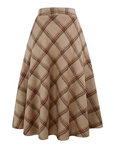 Women's Long Plaid Wool Skirt for Winter: High Waisted A-line Flare — Khaki