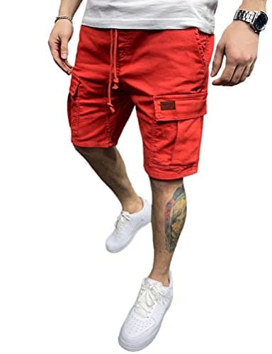 IDEALSANXUN Men's Casual Drawstring Cargo Shorts — Red