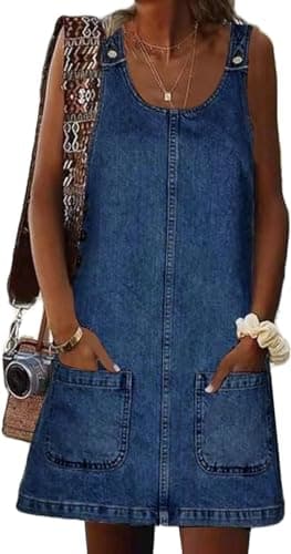 HUEOBIR Denim Overall Dress for Women Round Neck Skirtall Jean