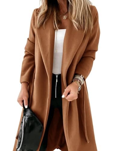 Ladiyo Women's Classic Open Front Belted Long Coat — Light Brown