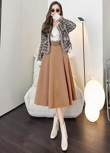 IDEALSANXUN High Waisted Wool Midi Pleated Skirts for Women Winter