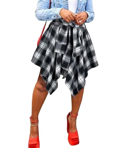 Atyfuniby Women's High Waisted Plaid Mini Skater Skirt with Knot Front
