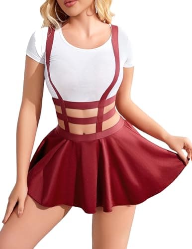Avidlove Women's Sexy A-Line Suspender Skirt with Pleated Short Braces — Wine Red