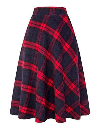 Ylingjun Long Plaid Wool Skirt for Women Winter Warm Elastic Waist — Red
