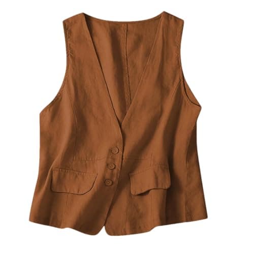 Vintage Deep V Neck Lightweight Sleeveless Coat for Women — Brown