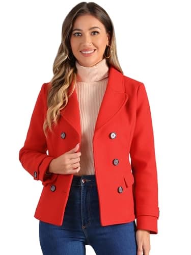 Allegra K Women's Notched Lapel Double Breasted Pea Coat — Red