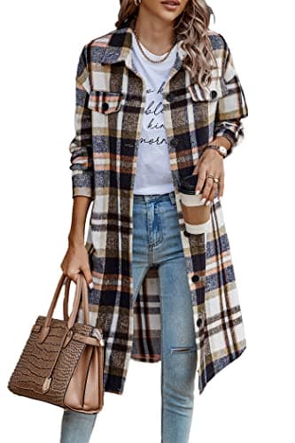 PrettyGarden Women's Plaid Shacket Long Sleeve Button Up Flannel Winter Coat — Brown