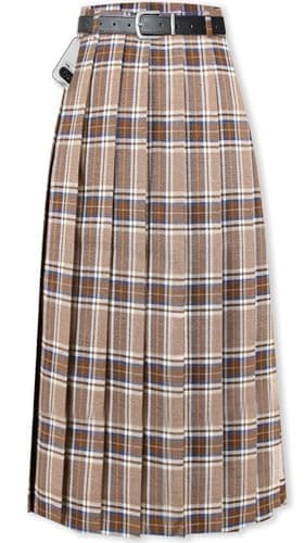 Cromoncent Womens High Waist Pleated Long Skirt with Pockets — Brown Plaid