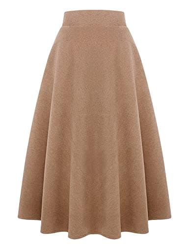 Women's Long Plaid Wool Skirt for Winter: High Waisted A-line Flare — Pure Camel