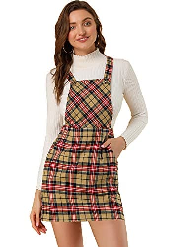 Allegra K Women's Plaid Overall Bib Dress with Adjustable Straps — Beige