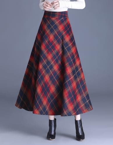 Biilyli Women's Plaid Wool Maxi Skirt with High Waist Elastic Waist