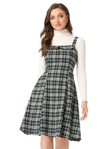 Women's Plaid A-Line Overall Dress — Green