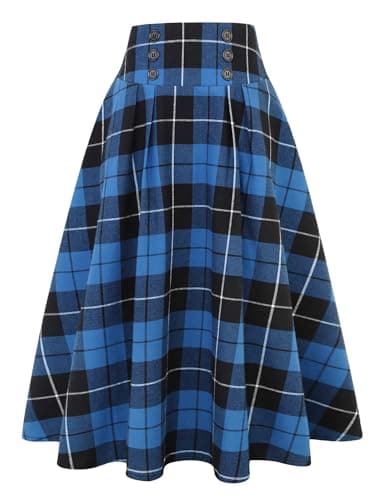 Women's High Waist Plaid A-line Midi Skirt by IDEALSANXUN — Blue