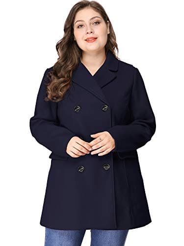 Agnes Orinda Plus Size Notched Lapel Double Breasted Long Coat — Dark Blue