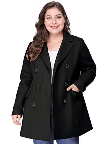 Agnes Orinda Plus Size Notched Lapel Double Breasted Long Coat — Black