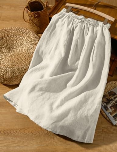 Linen Skirts for Women: A Line Casual Flowy Elastic High Waisted Drawstring Midi Skirt