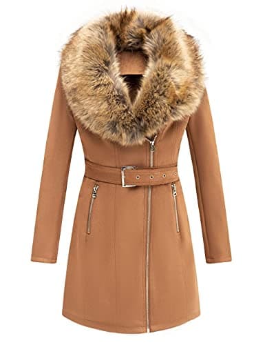 Bellivera Women's Faux Leather Trench Coat with Fleece Lining and Detachable Collar — Camel Suede
