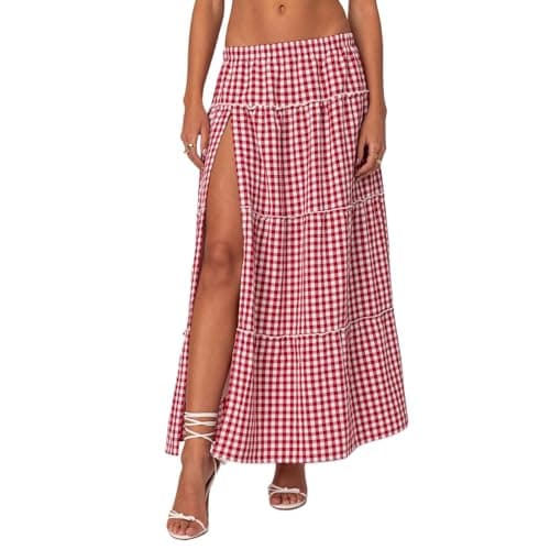 LAVASEON Women's Vintage Plaid Tiered Maxi Skirt with Elastic Waist — Red