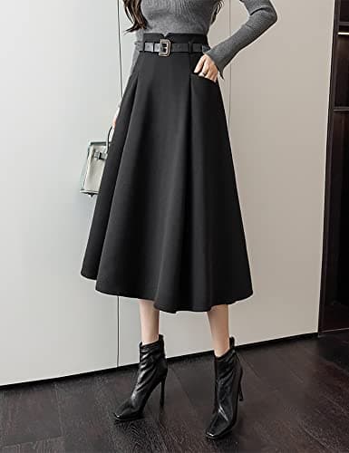 IDEALSANXUN High Waisted Wool Midi Pleated Skirts for Women Fall Winter