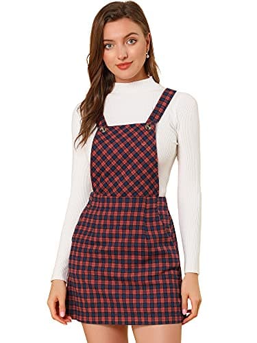 Allegra K Women's Plaid Overall Bib Dress with Adjustable Straps — Red Blue