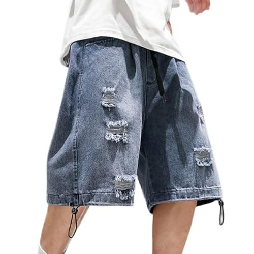 FCOOLYEET Mens Y2K Ripped Baggy Shorts Aesthetic Jeans — Pdj#blue