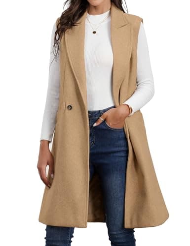 Idealsanxun Women's Fall Winter Wool Trench Coat Blazer Vest — Camel
