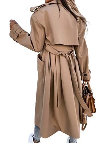 Fisoew Women's Classic Double Breasted Trench Coat with Belt and Pockets