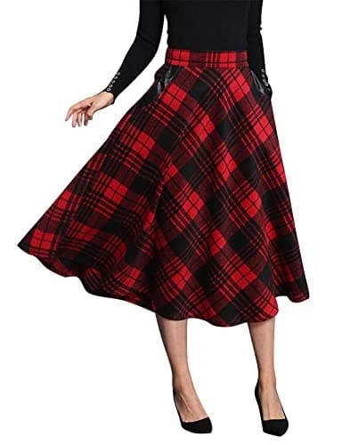Ylingjun Long Plaid Wool Skirt for Women Winter Fall — Red/Mid-calf