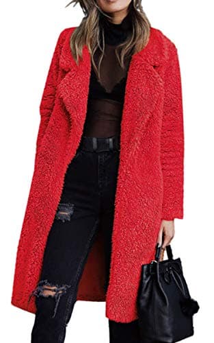 Angashion Women's Fuzzy Fleece Lapel Open Front Long Cardigan Coat — Red