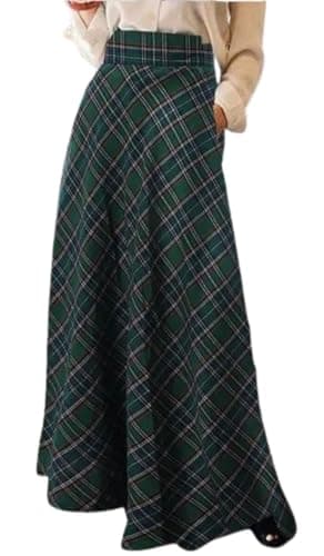 XQR Women's Vintage Plaid Maxi Skirt High Waist with Pockets — Green