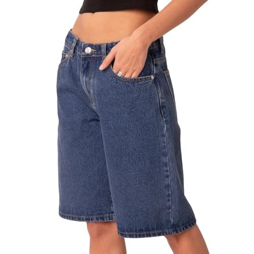 Winioder Y2K Wide Leg Denim Jean Shorts for Women — Navy Blue