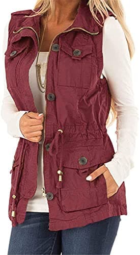 Casual Military Utility Vest for Women — Wine Red