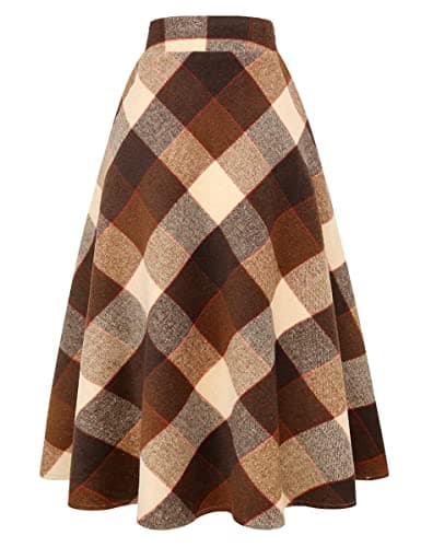 IDEALSANXUN Women's A-Line Plaid Wool Skirts with Elastic Waist