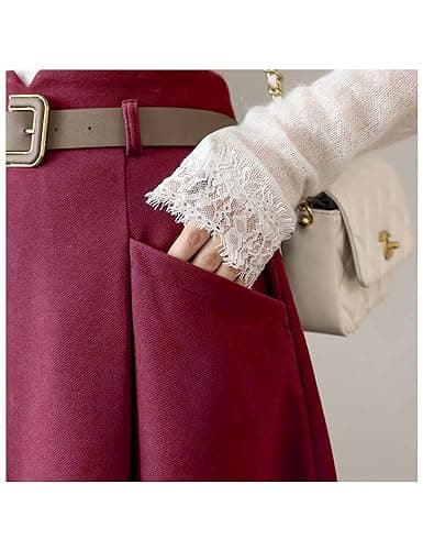 High Waisted A-Line Wool Midi Skirt for Women