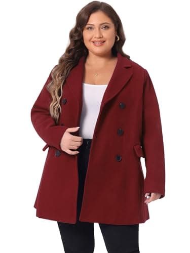 Agnes Orinda Plus Size Notched Lapel Double Breasted Long Coat — Dark Red