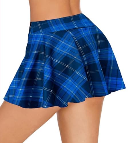 Avidlove Mini Pleated Drawstring Skater Skirt S-XXL — Blue Plaid