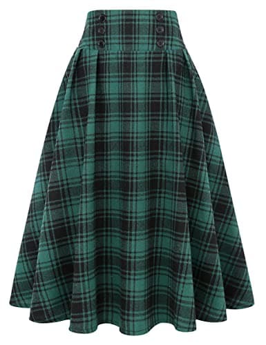 Women's High Waist Plaid A-line Midi Skirt by IDEALSANXUN — Green 02