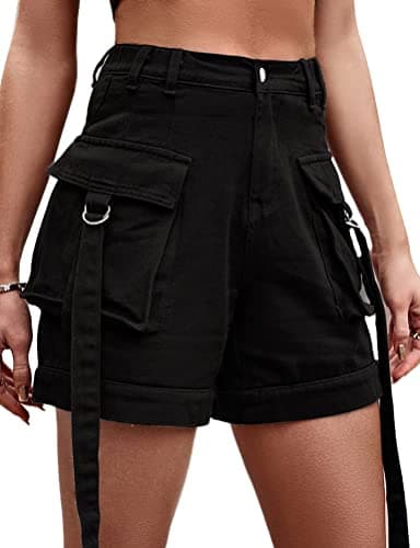 High Waist Baggy Cargo Denim Shorts with Pockets — Black