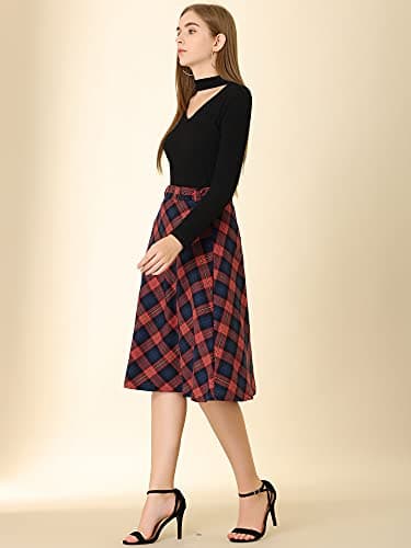 Allegra K Women's High Waist Belted Tartan Midi Skirt